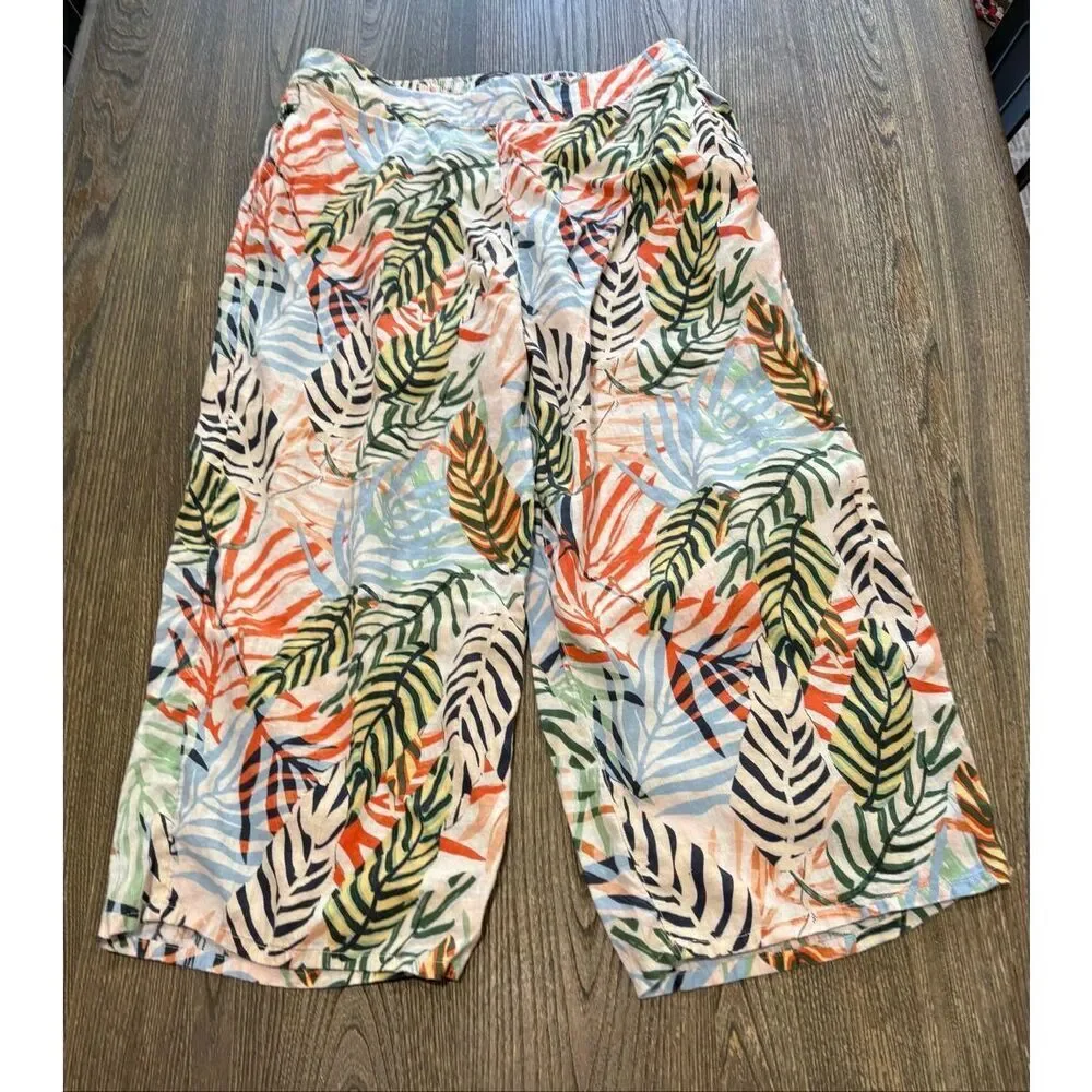 Tahari Womens Linen Pants Wide Leg Tropical Leaf Print Multicolor Plus Size 1X